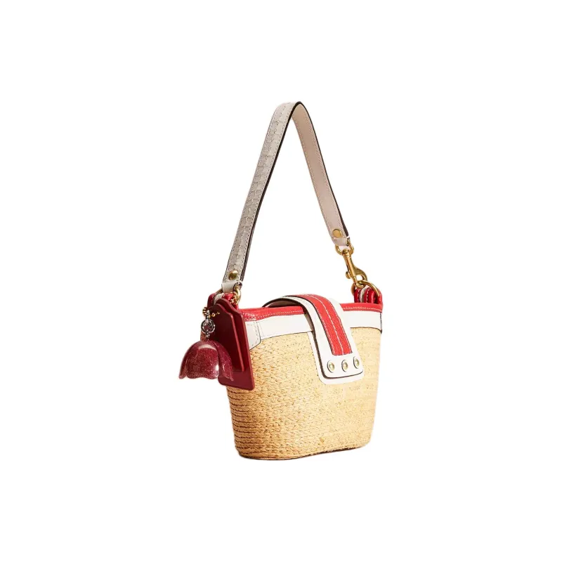 COACH Bleecker Raffia With Leather Handbag Small Size Women's Yellow & White & Red-1