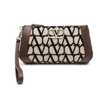 Valentino Canvas Canvas Bag Clutches Women's Beige & Brown With Black