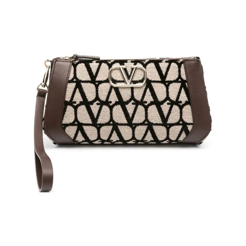 Valentino Canvas Canvas Bag Clutches Women's Beige & Brown With Black-0