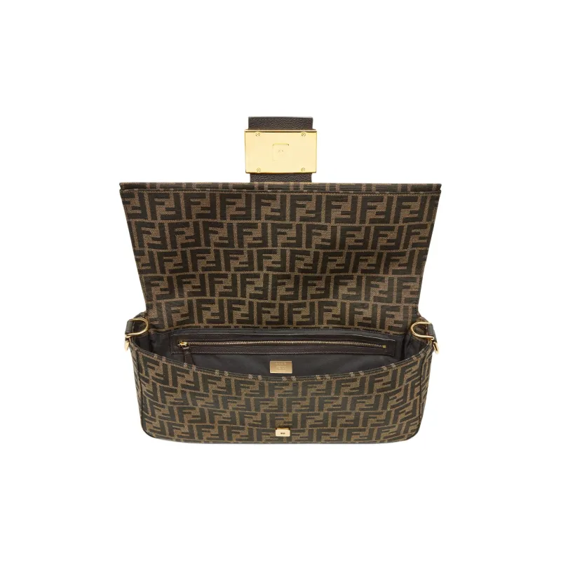 FENDI Jacquard Fabric Baguette Bag One Shoulder Handbag Unisex Brown-3