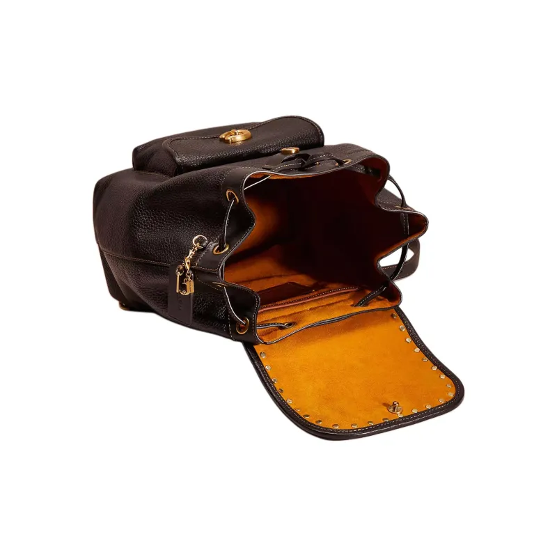 COACH Riya Soft Eggstone Leather With Glove Tanned Leather Backpack Medium Size Women's Brass & Black-2