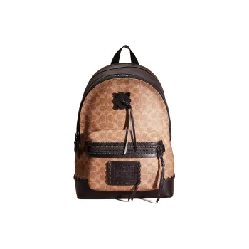 COACH Academy Coated Canvas With Genuine Calfskin Backpack Large Size Unisex Matte Black/Black/Khaki