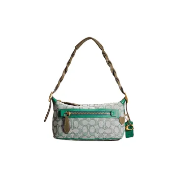 COACH Demi Iconic Jacquard With Recycled Leather One Shoulder Handbags Medium Size Women's Brass With Green Accents
