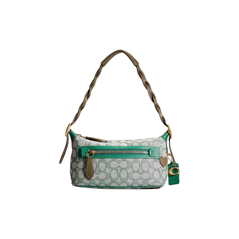 COACH Demi Iconic Jacquard With Recycled Leather One Shoulder Handbags Medium Size Women's Brass With Green Accents-0