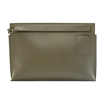 LOEWE T Pouch Bag Cow Leather Clutch Small Size Women's Khaki Green