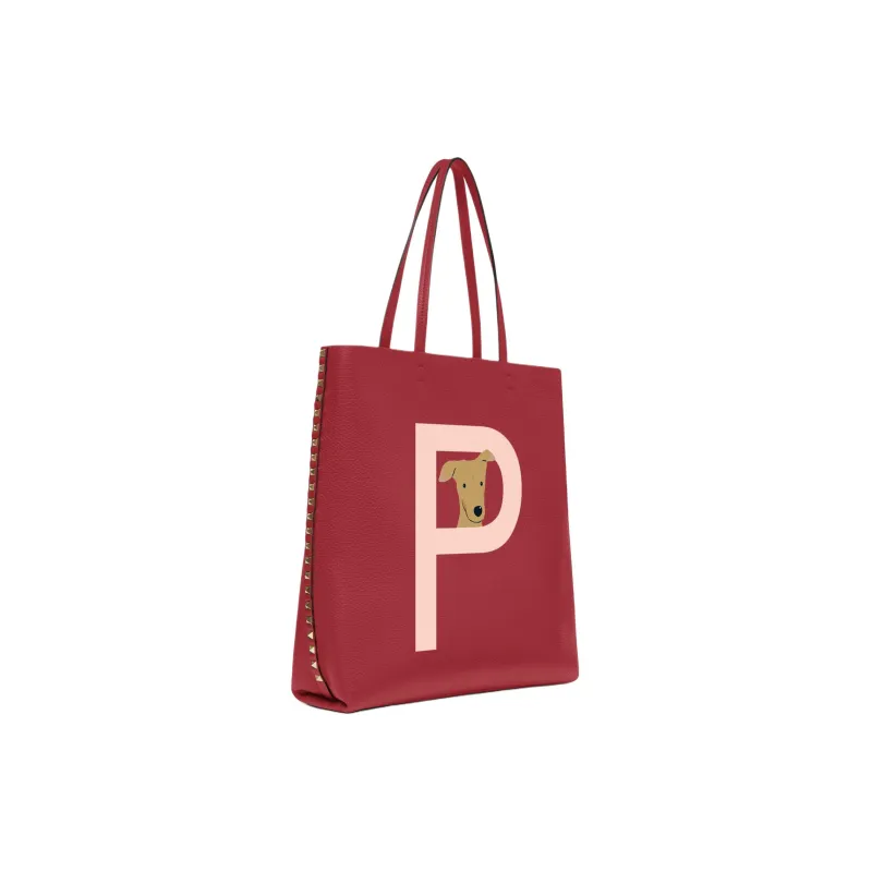 Valentino GARAVANI ROCKSTUD Grained Calfskin Tote Bag Shopping Bag Handbag Shoulder Bags Women's Red & Pink-1