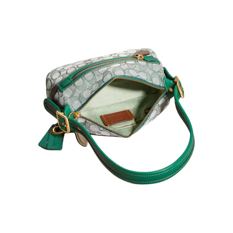 COACH Demi Iconic Jacquard With Recycled Leather One Shoulder Handbags Medium Size Women's Brass With Green Accents-2