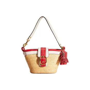 COACH Bleecker Raffia With Leather Handbag Small Size Women's Yellow & White & Red