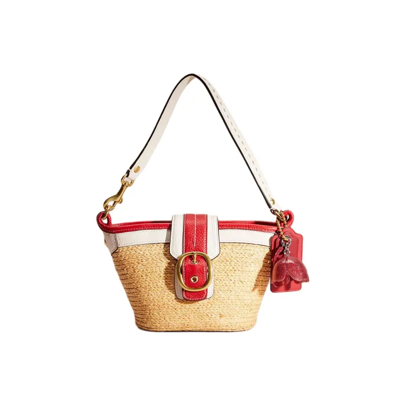 COACH Bleecker Raffia With Leather Handbag Small Size Women's Yellow & White & Red-0