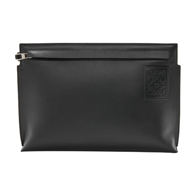 LOEWE T Pouch Bag Cow Leather Clutch Small Size Women's Black-0