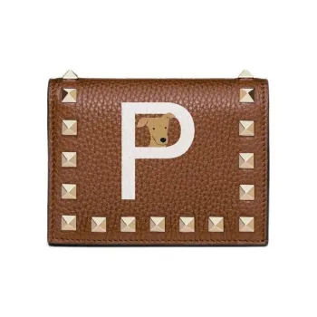 Valentino GARAVANI ROCKSTUD Grained Calfskin Wallet Women's Horse Saddle Color/White