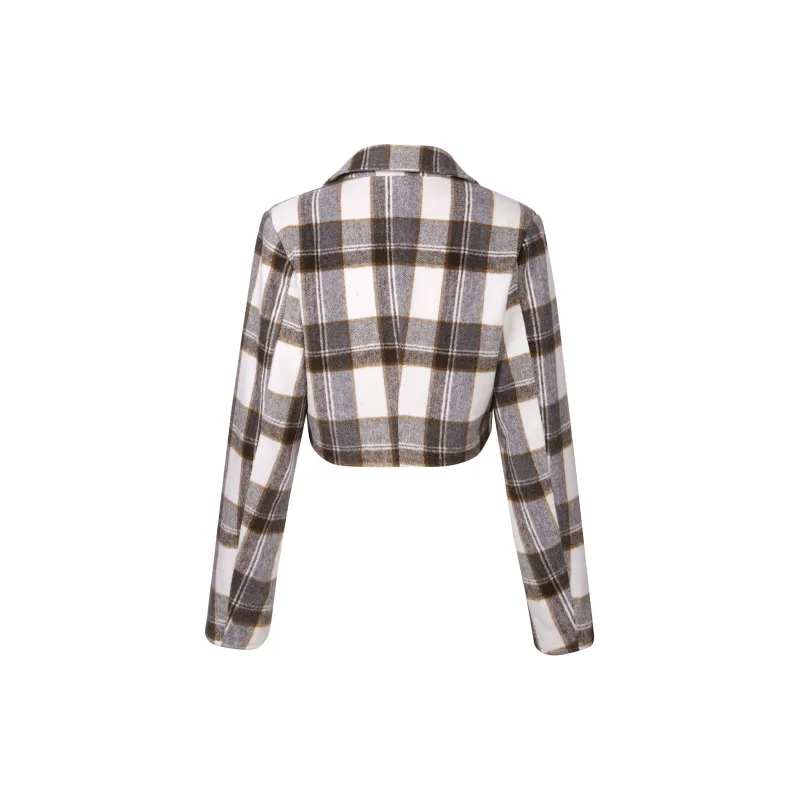 Guuka Hero Cropped Coats Women's Gray Plaid-1