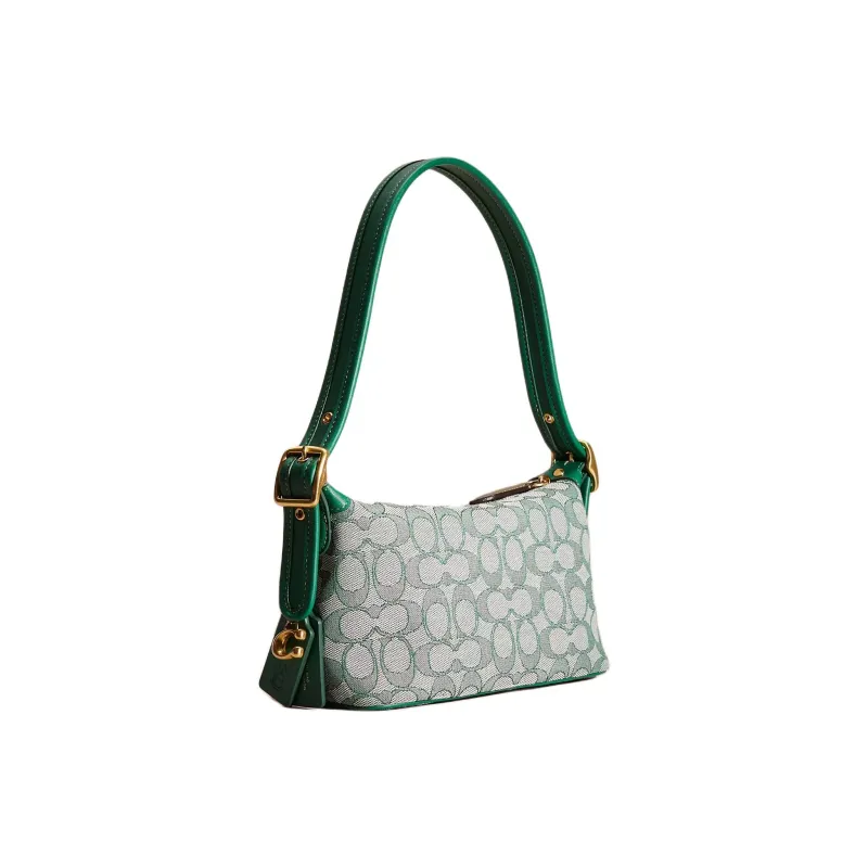 COACH Demi Iconic Jacquard With Recycled Leather One Shoulder Handbags Medium Size Women's Brass With Green Accents-1