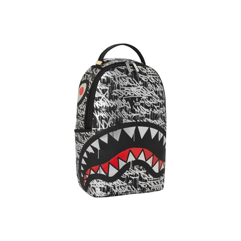 SPRAYGROUND Artificial Leather Backpack Unisex Black & Silver & Red-1