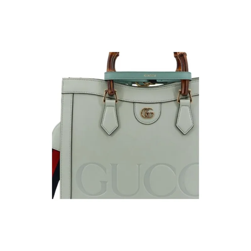 GUCCI Diana Leather Tote Bag Shopping Bag Shoulder Bag Crossbody Bag Handbag Medium Size Women's Gray Green-3
