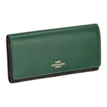 COACH Trifold Wallet Canvas With Leather Coin Purses Wallets Small Size Women's Coffee Stacked Green