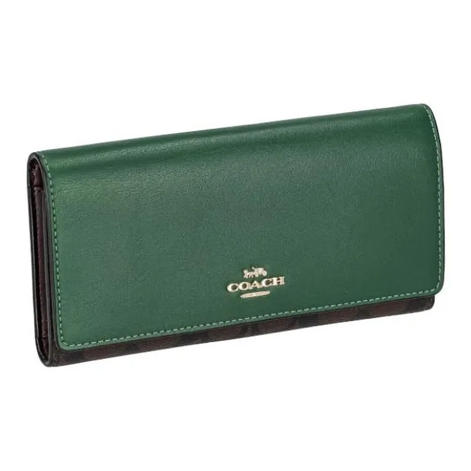 COACH Trifold Wallet Canvas With Leather Coin Purses Wallets Small Size Women's Coffee Stacked Green-0