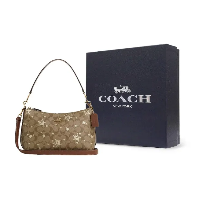COACH Clara Iconic Coated Canvas With Smooth Leather Shoulder Bag, Handbag Medium Size Women's Khaki-8