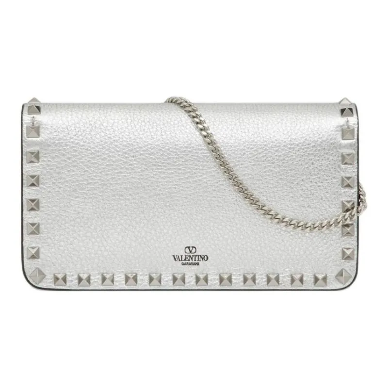 Valentino Rockstud Grain Cow Leather Crossbody Bag, Shoulder Bag Women's Silver-3