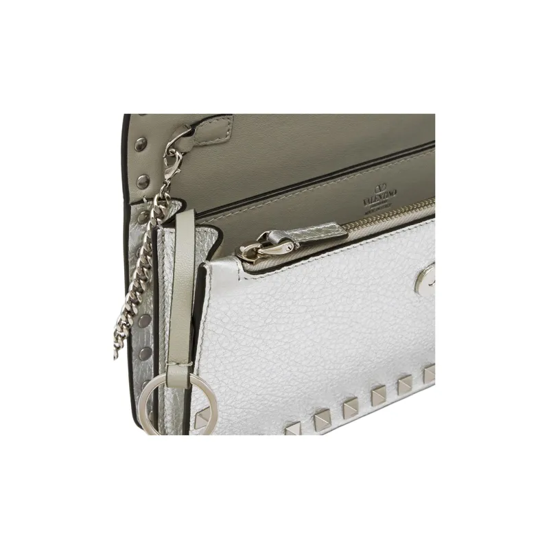 Valentino Rockstud Grain Cow Leather Crossbody Bag, Shoulder Bag Women's Silver-6