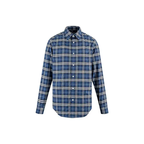 Burberry Men Grid Collar Button-Down Long Sleeve Shirt Blue