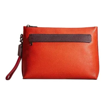 COACH Pouch Eggstone Grain Leather Clutch Large Size Women's Deep Orange With Maroon Accents