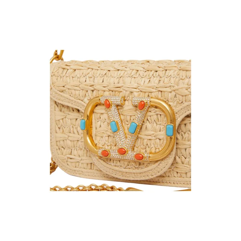 Valentino Locò Raffia Portable Crossbody Bag, Shoulder Bag Trumpets Women's Natural Color & Coral & Turquoise-5