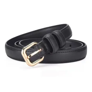 AUGTARLION Solid Color Thin Belt Metal Square Needle Buckle Style Leather Belts Women's Black/Brown Width: 2.4cm