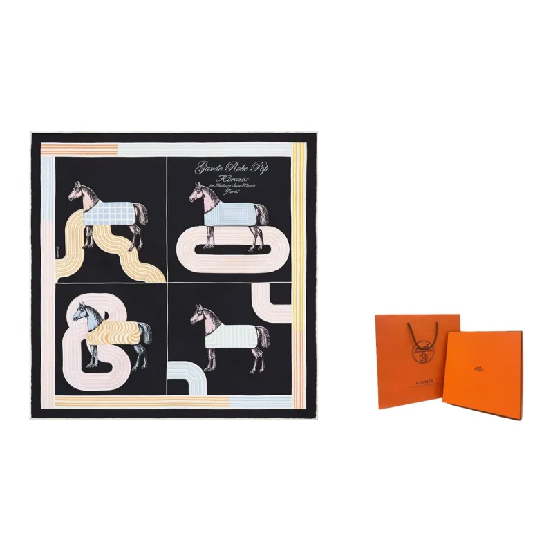 HERMES Silk Scarves Women's Black/Pink/Multicolor-1
