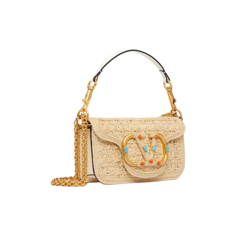 Valentino Locò Raffia Portable Crossbody Bag, Shoulder Bag Trumpets Women's Natural Color & Coral & Turquoise-1