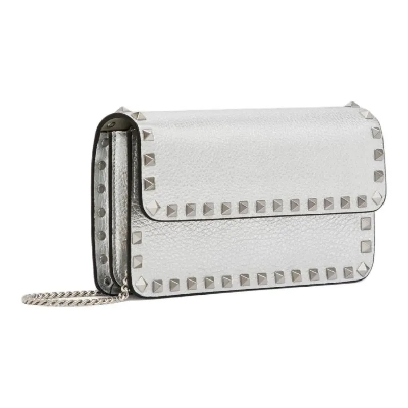 Valentino Rockstud Grain Cow Leather Crossbody Bag, Shoulder Bag Women's Silver-1