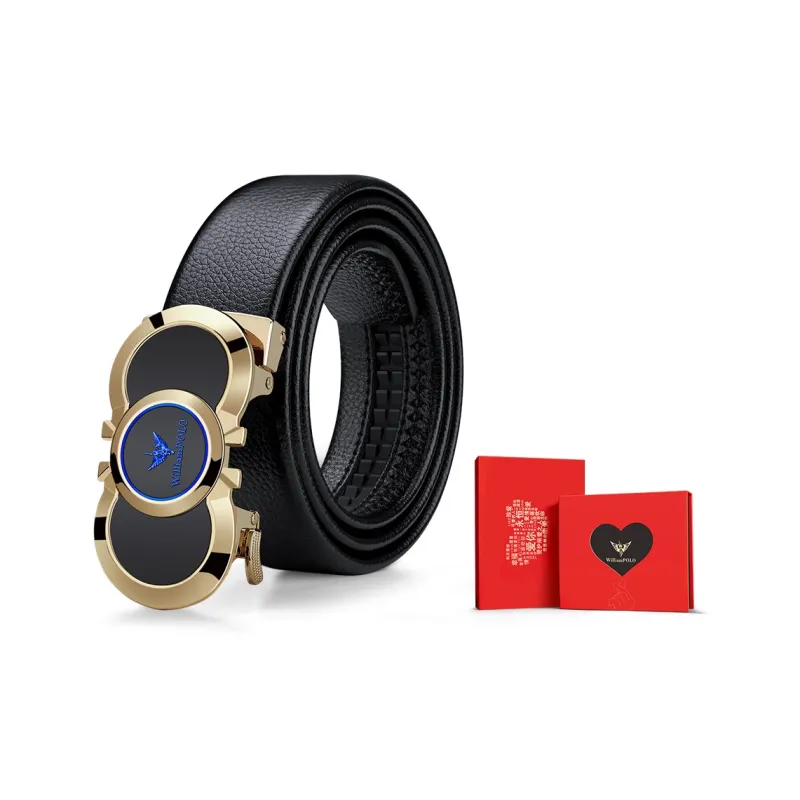 WilliamPOLO Top Grain Cow Leather Leather Belts Men's Gold Tone Lock Blue Logo 3.5cm Width-4