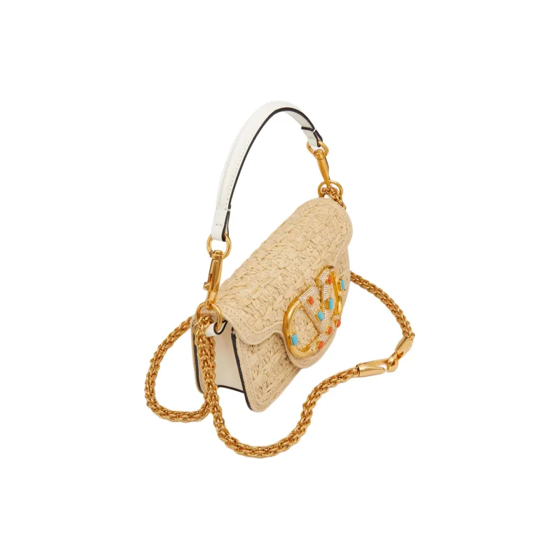 Valentino Locò Raffia Portable Crossbody Bag, Shoulder Bag Trumpets Women's Natural Color & Coral & Turquoise-4