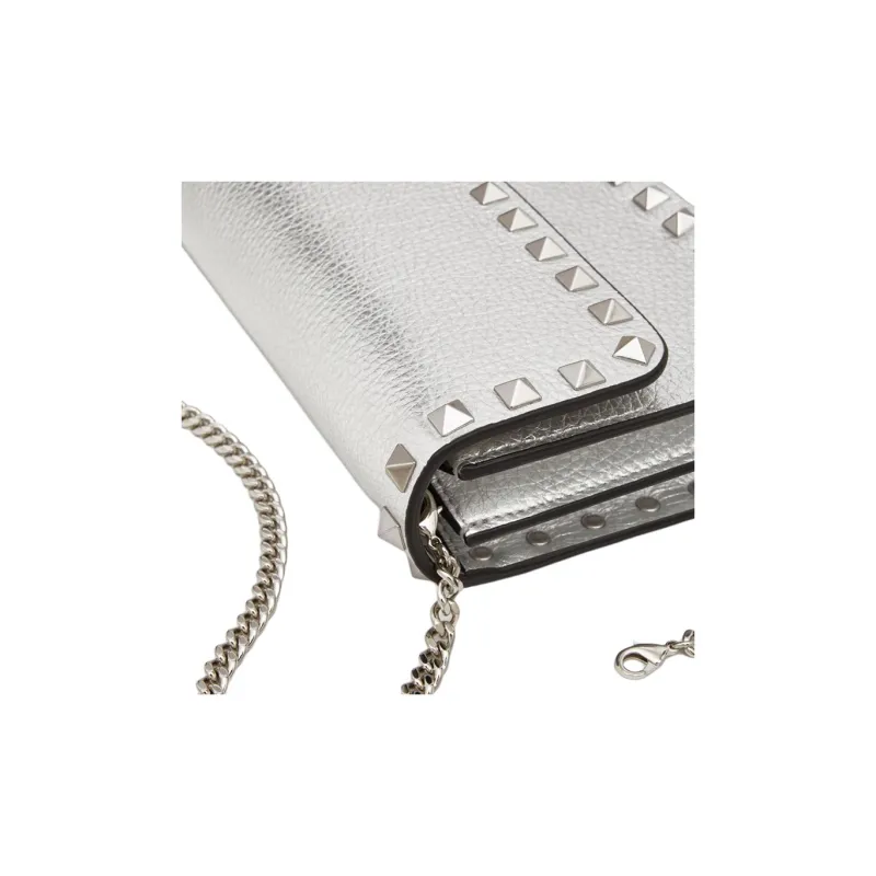 Valentino Rockstud Grain Cow Leather Crossbody Bag, Shoulder Bag Women's Silver-5