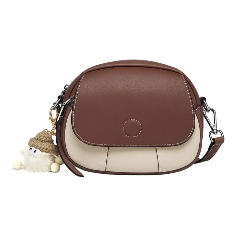 CNOLES Cow Leather Saddle Bag, Crossbody Bag, Shoulder Bag Trumpets Women's Apricot/Chocolate-5