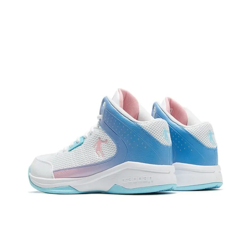 QIAODAN Slip Resistant Breathable High Top Basketball Shoes Men's White Blue-3
