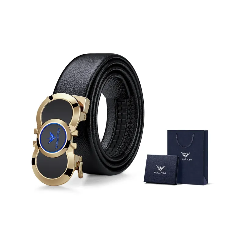 WilliamPOLO Top Grain Cow Leather Leather Belts Men's Gold Tone Lock Blue Logo 3.5cm Width-3