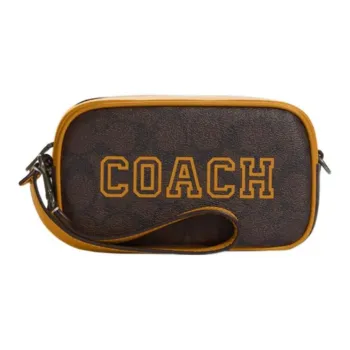 COACH Jamie Artificial Leather Wrist Bag Clutch Handbag Small Size Women's Brown & Golden Poppy Color