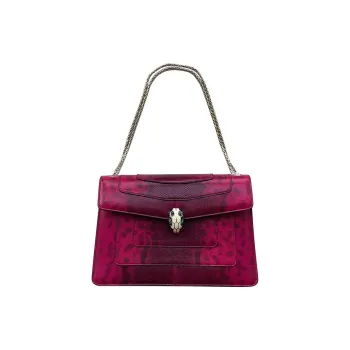 BVLGARI Water Snake Skin Handbag Shoulder Bag Medium Size Women's Rose Red