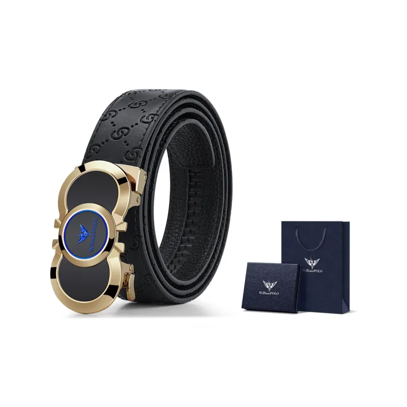 WilliamPOLO Gold Tone Lock Blue Logo Leather Belts Men's Width  3.5cm-3