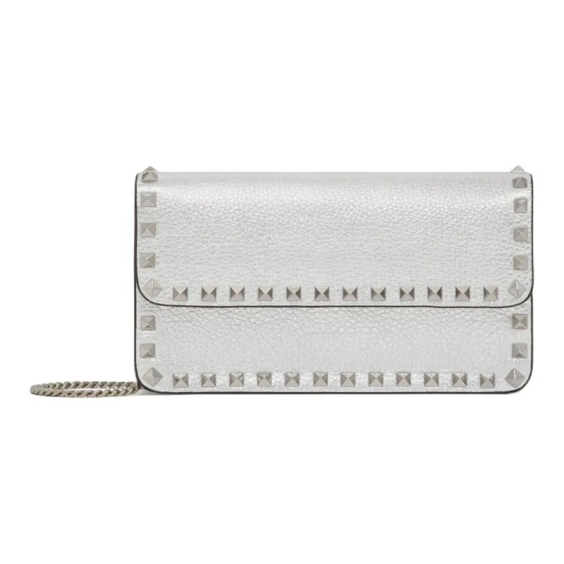 Valentino Rockstud Grain Cow Leather Crossbody Bag, Shoulder Bag Women's Silver-0