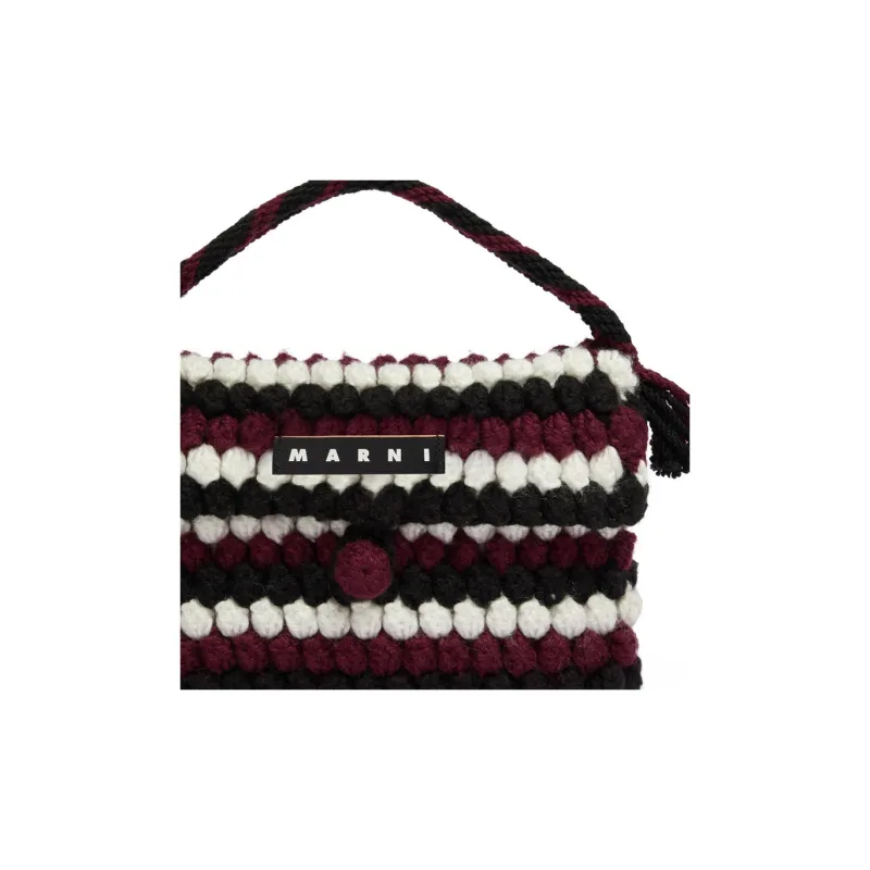 MARNI Acrylic Knitted Fabric Tanned Cow Leather Handbag Women's Black & Burgundy-3