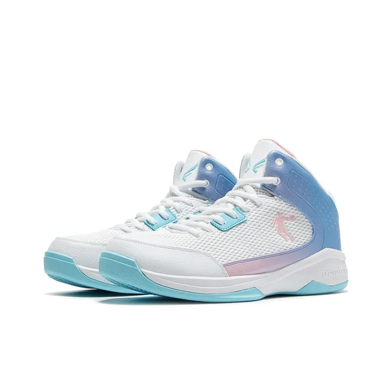 QIAODAN Slip Resistant Breathable High Top Basketball Shoes Men's White Blue-1