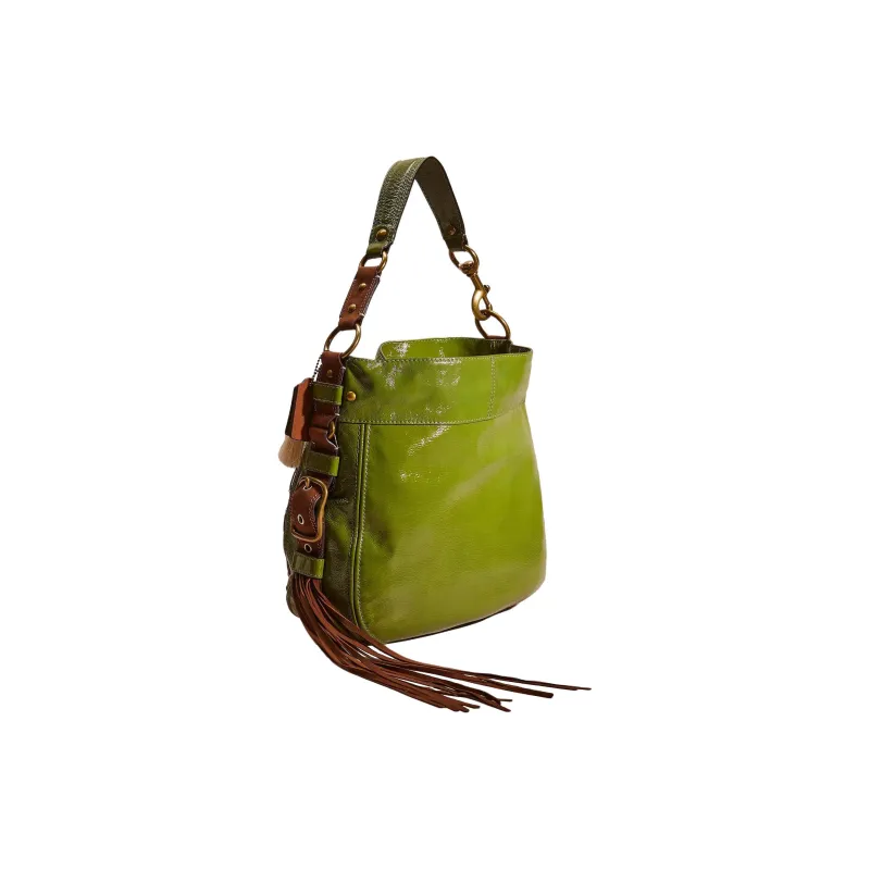 COACH Zoe Patent Leather One Shoulder Handbags Large Size Women's Brass With Green Accents-1