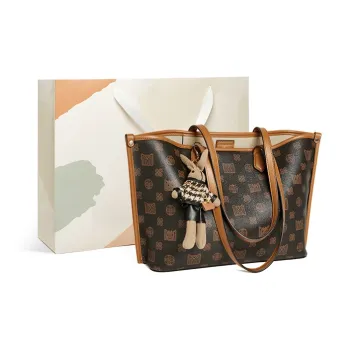 15 MINS PVC Shoulder Bag Handbag Shopping Bag Large Size Women's Coffee/Ecru