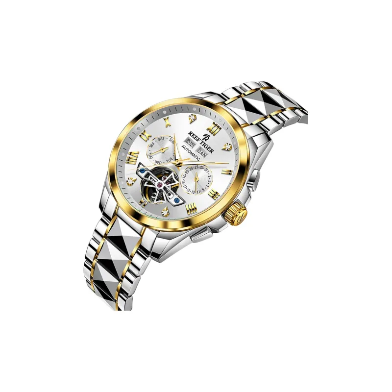 REEF TIGER Automatic Mechanical Movement Tungsten Steel Strap Watch Men's Watches Silver Dial-12