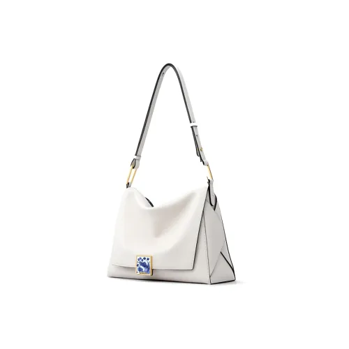 FION Imperial Kiln Blue And White Porcelain Collaboration Leather Crossbody Shoulder Bags Medium Size Women's White