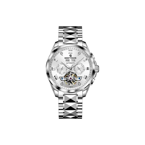 REEF TIGER Automatic Mechanical Movement Tungsten Steel Strap Watch Men's Watches Silver Dial