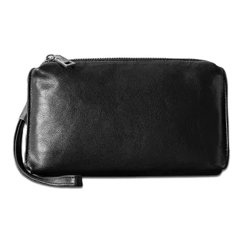 Back Step Top Grain Cow Leather Genuine Leather Long Wallet Clutch Regular Unisex Black