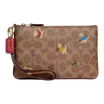 COACH Wristlet Iconic Jacquard With Exquisite Calfskin Wrist Bags Clutches Small Size Women's Brown
